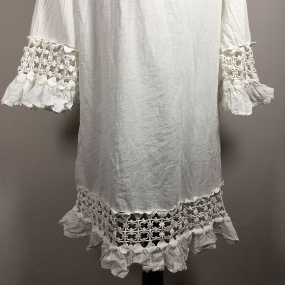 White gauzy 100% cotton tunic dress square neck crochet neck hem and cuff sz M - Picture 7 of 8
